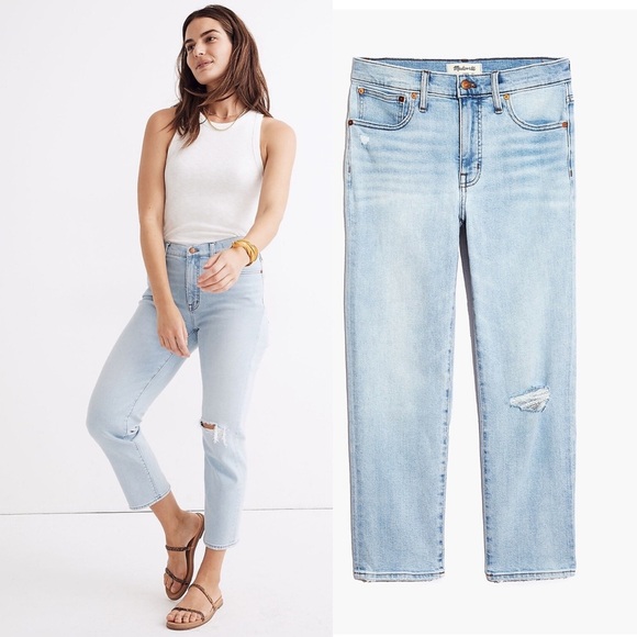 Madewell Women's Mid-Rise Classic Straight Jeans Knee-Rip Edition - Picture 1 of 15